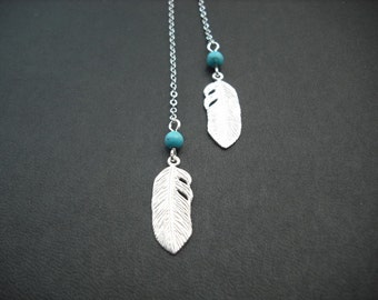 matte white gold two sided cute feather lariat - white gold plated chain