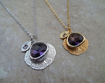 Gold or Silver February Amethyst Necklace with Filigree Leaf, Personalized Initial Leaf, Jewel(Bezel), Available in all Birthstones