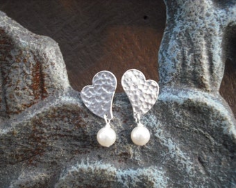 Birthstone, matte white gold heart earrings - sterling silver post, bridesmaids gift, wedding gift