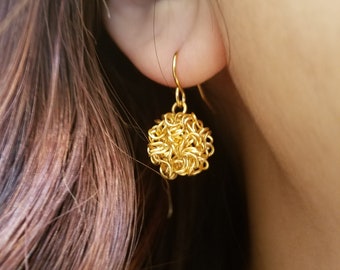 Gold or Silver Matte Matal Thread Weaving Ball Earrings