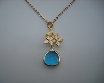 matte yellow gold cute little bouquet with blue zircon bezel necklace - 16K gold plated chain