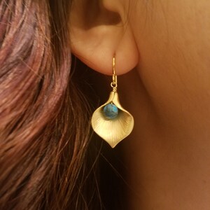 Gold or Silver Calla Lily earrings Turquoise bead image 1