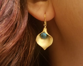 Gold or Silver Calla Lily earrings - Turquoise bead