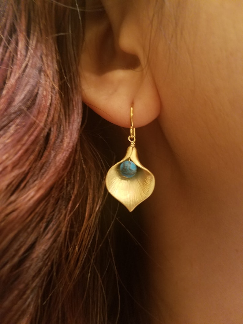 Gold or Silver Calla Lily earrings Turquoise bead image 1