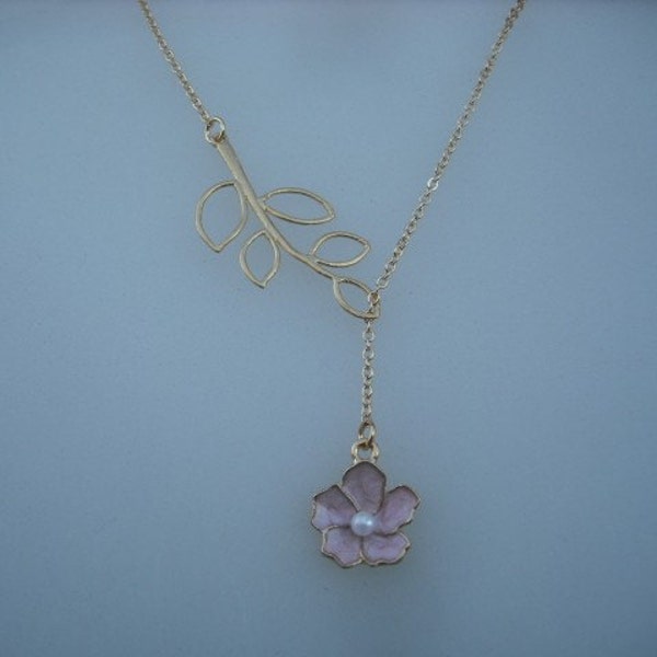 Gold Lariat Necklace with Pink flower and Five Leaf Branch