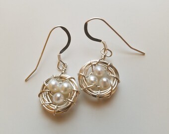 robin's little nest earring - sterling silver - new version - creamy white pearl