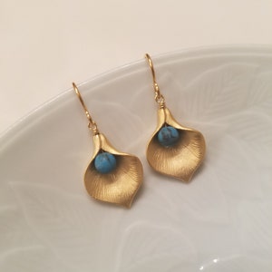 Gold or Silver Calla Lily earrings Turquoise bead image 7