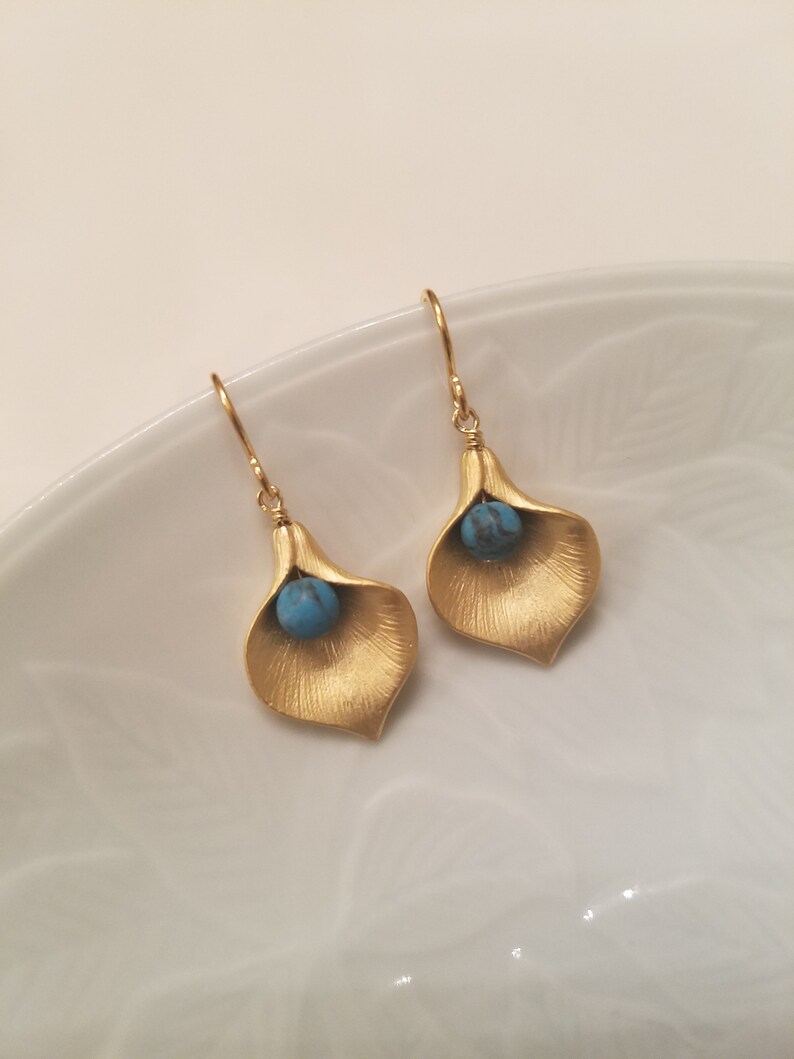 Gold or Silver Calla Lily earrings Turquoise bead image 7
