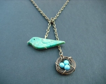 Lariat, Antique Brass Lariat Necklace, turquoise bird and a nest lariat