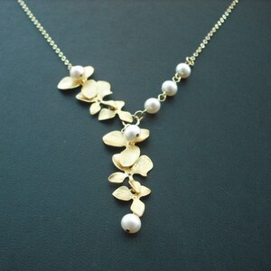 matte yellow gold two triple orchid flowers with freshwater pearl necklace 16K yellow gold plated chain image 2