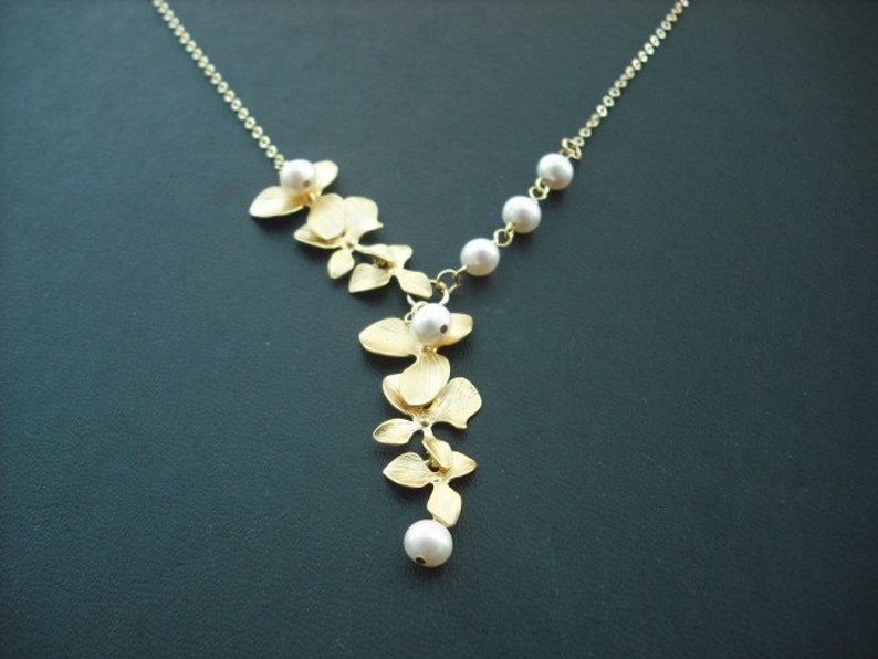 matte yellow gold two triple orchid flowers with freshwater pearl necklace 16K yellow gold plated chain image 2