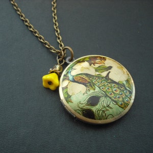 Peacock in Bloom locket necklace with crystal bead version 2 image 2