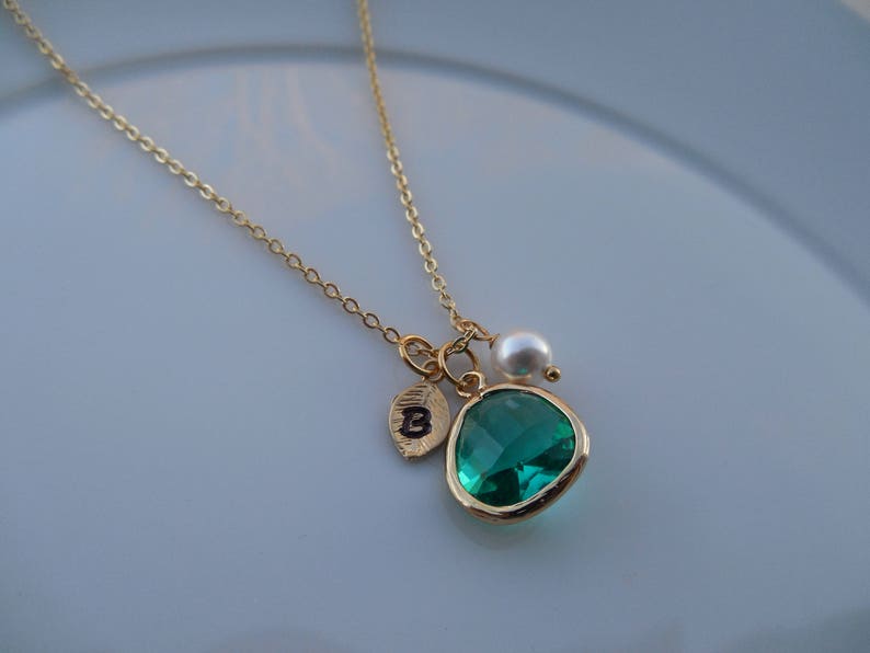 December Birthstone Necklace, Gold or Silver Blue Topaz Necklace with Initial Leaf, Jewel, Pearl, Birthday Gift, Bridesmaid Gift image 3
