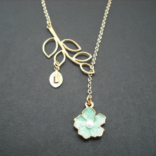 Bridesmaids Gift, Wedding Gift, Gold Bridesmaid Lariat with Teal Green Flower, Five Leaf Branch, Initial leaf,Birthday Gift,Flower Girl Gift