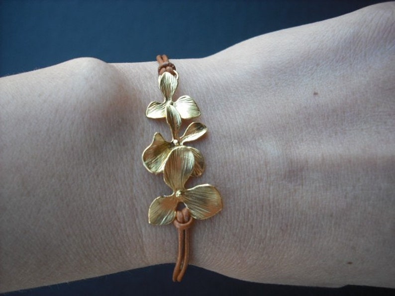 Bridesmaid Gift, Gold Bracelet with Orchid Flowers, Flower Girl Gift, Wedding Gift, Birthday Gift image 4