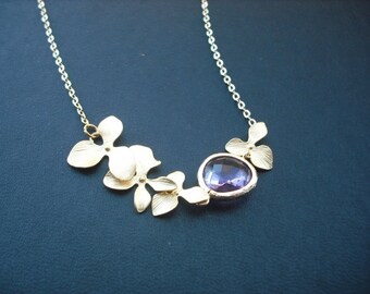 Bridesmaids gift, Wedding Gift, matte yellow gold orchid flowers with violet bezel necklace - 16K yellow gold plated chain