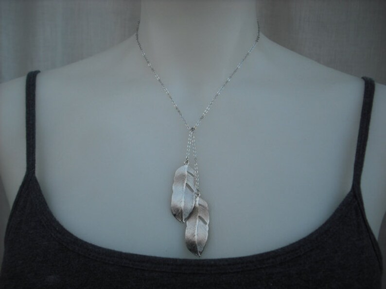 Bridesmaid Gift, Silver Bridesmaid Lariat with Two Sided Cute Feather Lariat Version 2 image 4