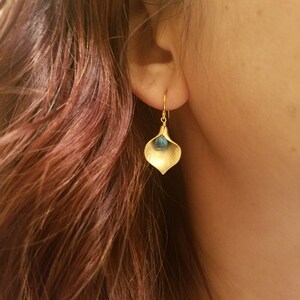 Gold or Silver Calla Lily earrings Turquoise bead image 2