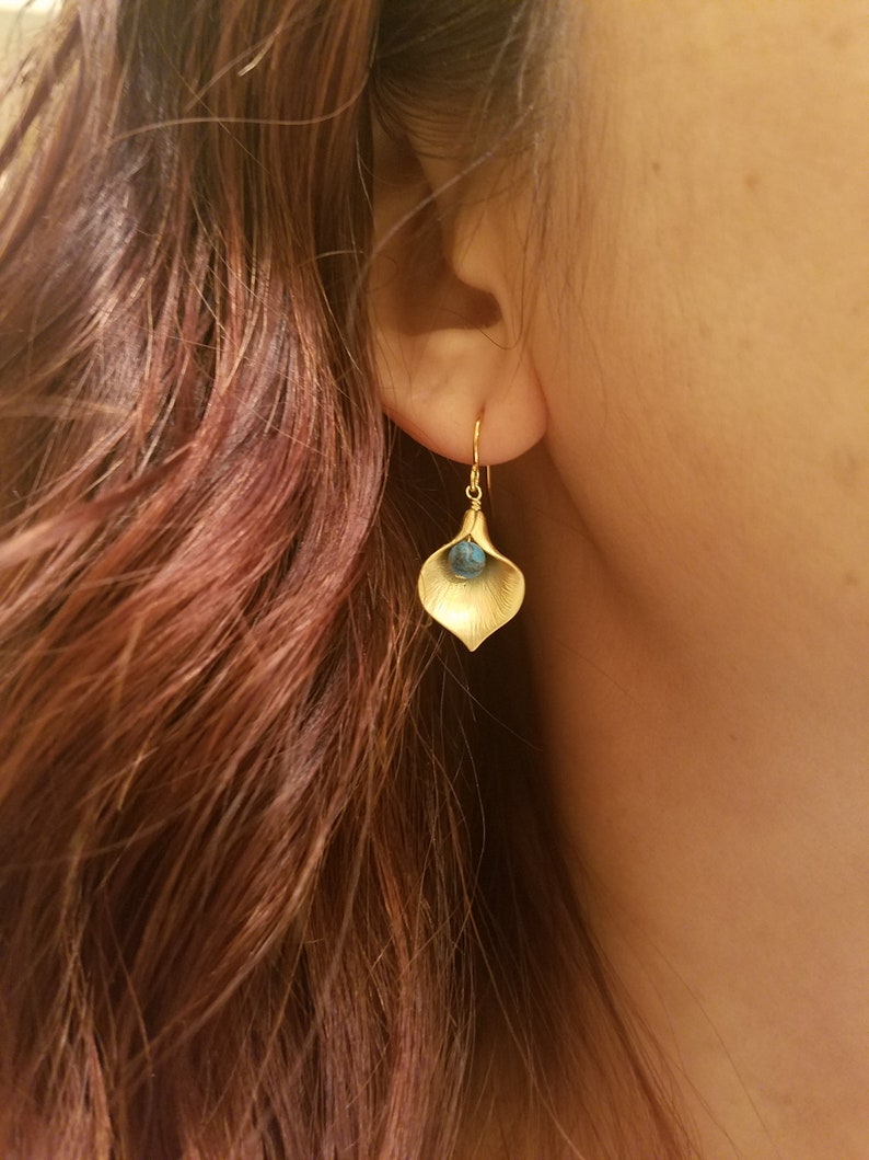 Gold or Silver Calla Lily earrings Turquoise bead image 2