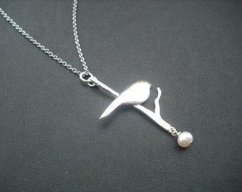 Dreaming Bird on the Branch necklace - white gold plated chain