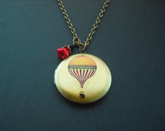 Locket Necklace, Antique Brass Locket Necklace with Hot Air Balloon Altered Photo Locket