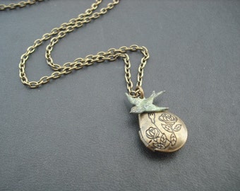 Locket Necklace, Antique Brass Water Drop Locket Necklace with blue verdigris patina bird