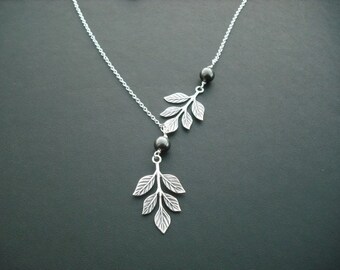 branch and pearl necklace - white gold plated chain