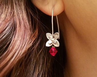 Matte White Gold Plated Flower and Swarovski Birthstone Earrings - Available in all Birthstone