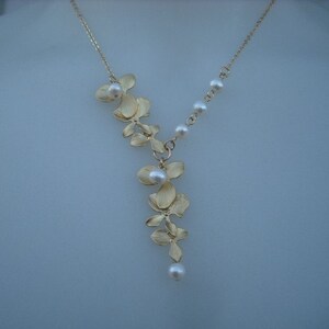matte yellow gold two triple orchid flowers with freshwater pearl necklace 16K yellow gold plated chain image 1