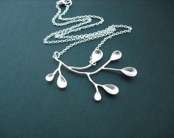 large sterling silver plated unique branch necklace - white gold plated chain