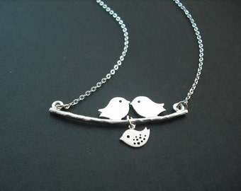 Silver Lovely Mod Birds Family Necklace