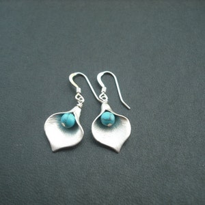 Gold or Silver Calla Lily earrings Turquoise bead image 3