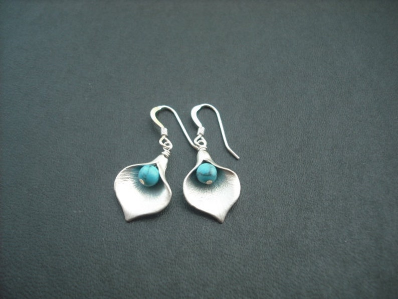 Gold or Silver Calla Lily earrings Turquoise bead image 3