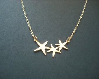 Bridesmaids Gift, Wedding Gift, 16K Gold Plated Adorable Triple Starfish Necklace