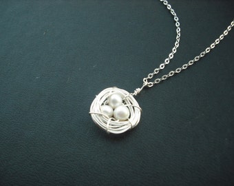 Silver Nest Necklace - freshwater pearl