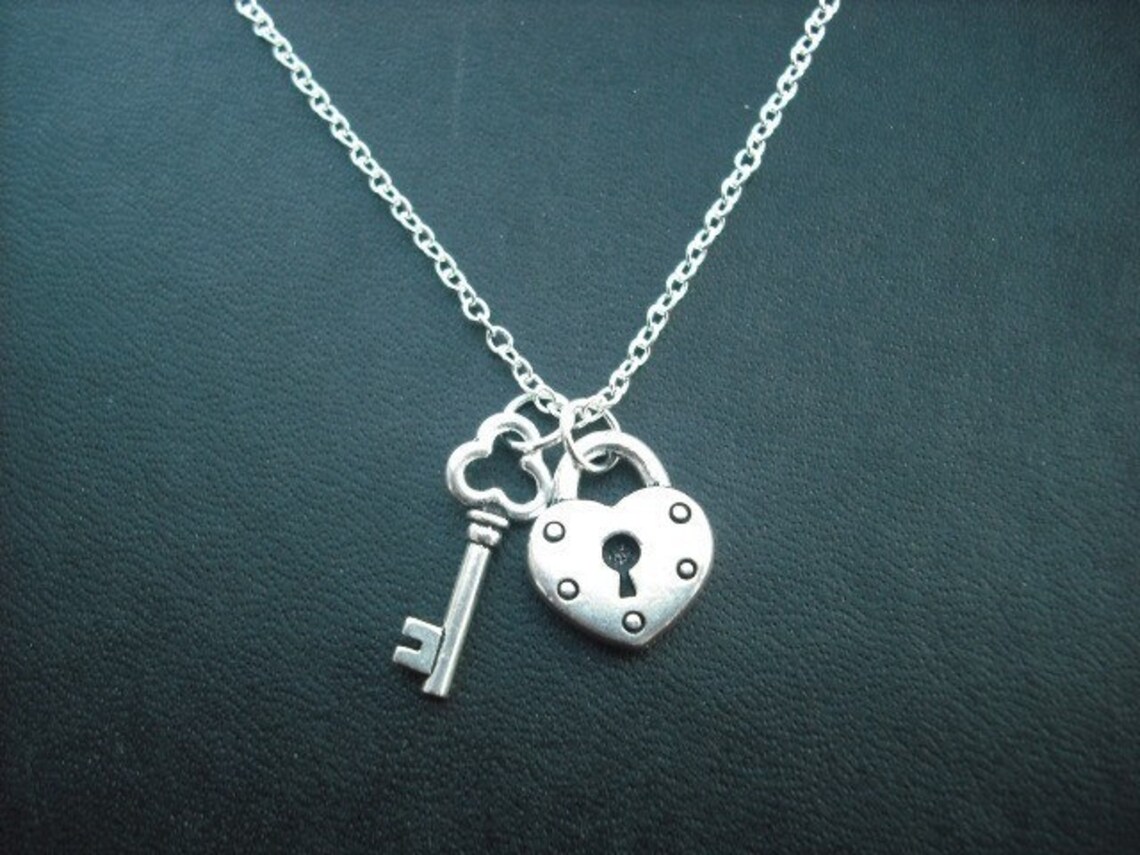 Heart Padlock and Key Charm Necklace White Gold Plated Chain Etsy