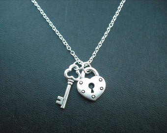 heart padlock and key charm necklace - white gold plated chain