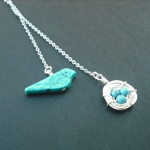 turquoise bird and a nest lariat white gold plated chain image 4