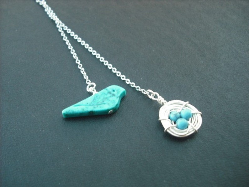 turquoise bird and a nest lariat white gold plated chain image 4