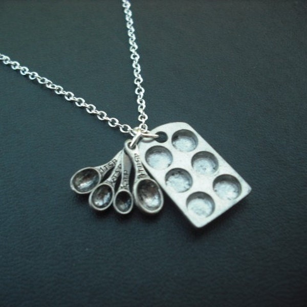Muffin Pan and Measuring Spoon Necklace, Antique Silver Necklace