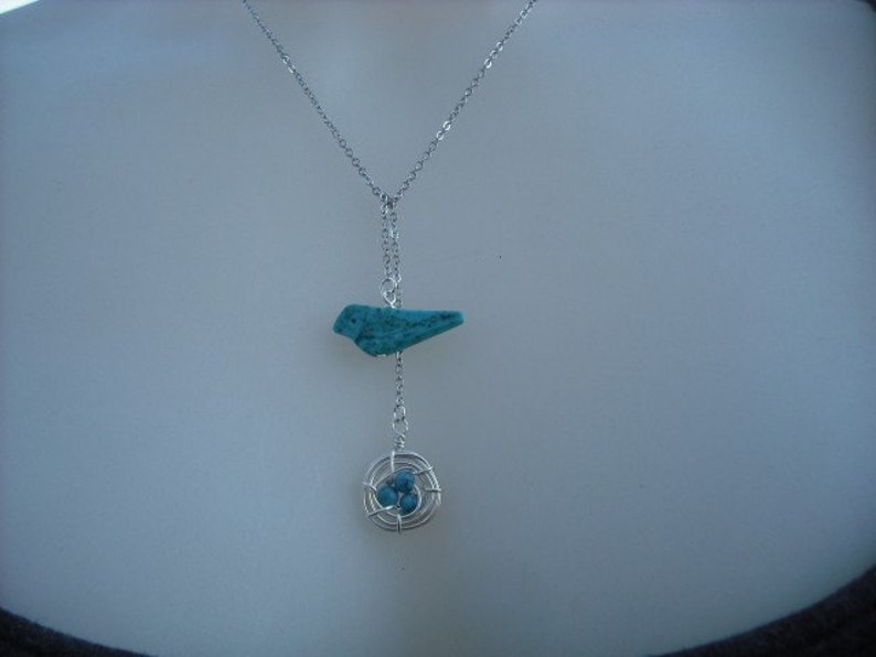 turquoise bird and a nest lariat white gold plated chain image 1