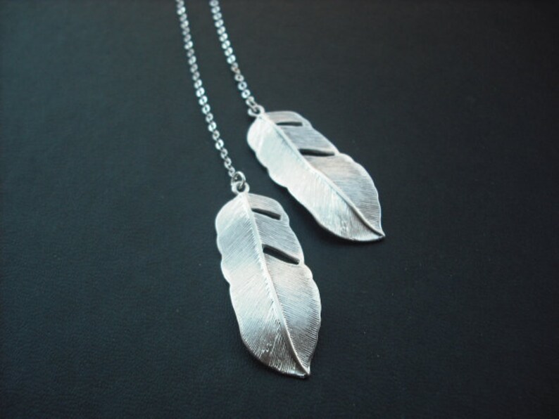 Bridesmaid Gift, Silver Bridesmaid Lariat with Two Sided Cute Feather Lariat Version 2 image 1