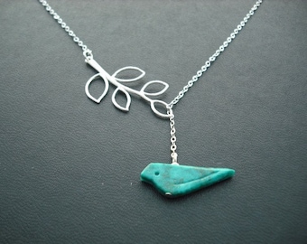 Bridesmaids gift, Wedding Gift, genuine turquoise bird lariat - matte white gold plated