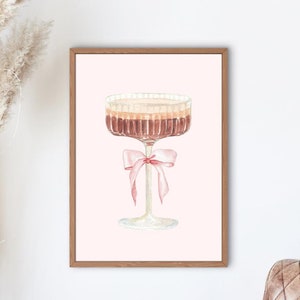 Espresso Martini Pink Bow Art | Barwagen Dekor | College ästhetische Wohnung | Aquarell Martini Glas Design | Angesagtes rosa Schleifen Poster