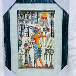 Hand-Painted Egyptian Papyrus Art | Framed Pharaoh Akhenaten & Nefertiti with Aten | Ancient Egypt Wall Decor | Authentic Papyrus Painting |