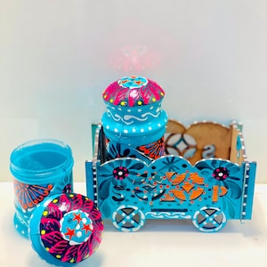 Handgeschilderde Truck Art peper- en zoutstelset met kar | Desi keukendecoratie | Traditioneel cadeau | Etnisch servies | Kleurrijk servies