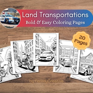 陸上交通機関の塗り絵：子供、大人、またはリラクゼーションのための20の塗り絵 | 塗り絵 | デジタルダウンロード