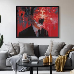 Mörkt surrealistiskt konsttryck: Exploderande huvud, känslomässigt kaos (digital nedladdning)