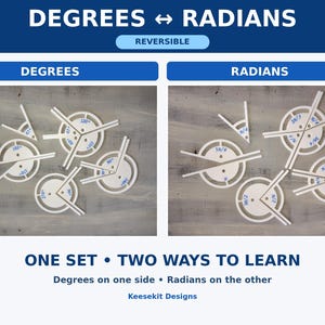 May include: A reversible educational tool set featuring white circular plastic pieces with adjustable arms. One side displays angles in degrees, while the other side shows corresponding radian measurements. Text includes DEGREES, RADIANS, and Keesekit Designs.
