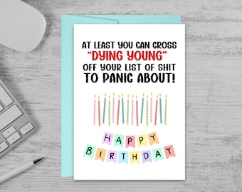 Funny Sarcastic Birthday Card: 'Dying Young' List - Seafoam Envelope